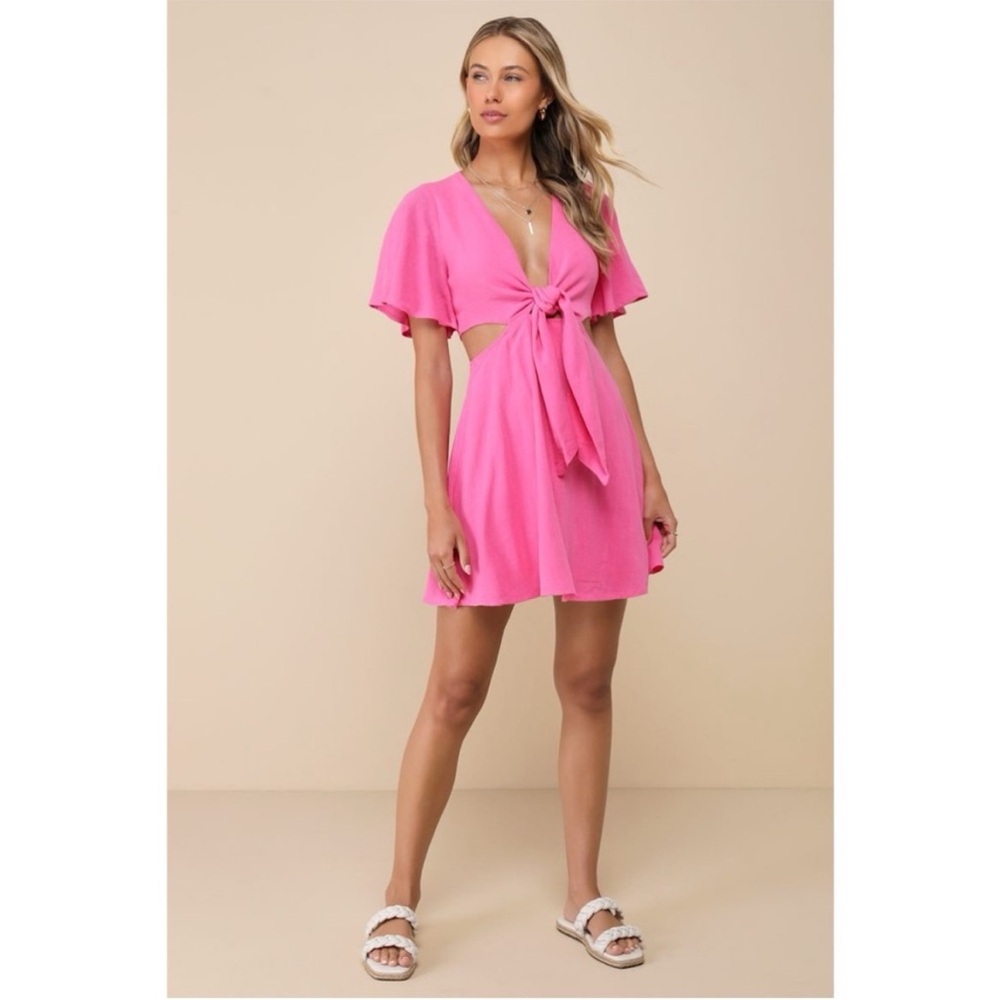 NWT Lulus Linen Blend Vibrant Pink Butterfly Sleeves Cutout Dress